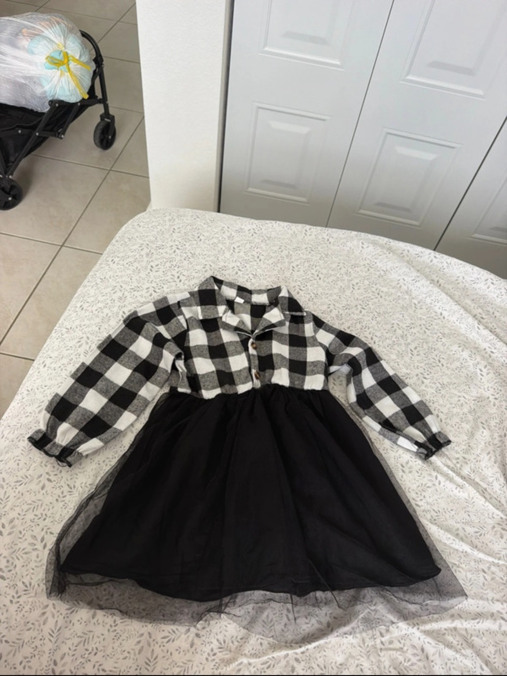 H&M Black and White Check Tulle-Overlay Girls' Dress